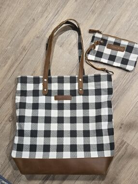 Farmhouse Is My Style Black & White Check Canvas Tote with Brown Trim.